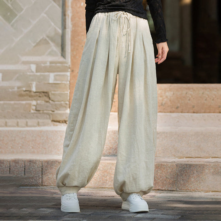 Pantalon décontracté en coton Buddha Stones pour femme avec poches et cordon de serrage à la taille et à la taille