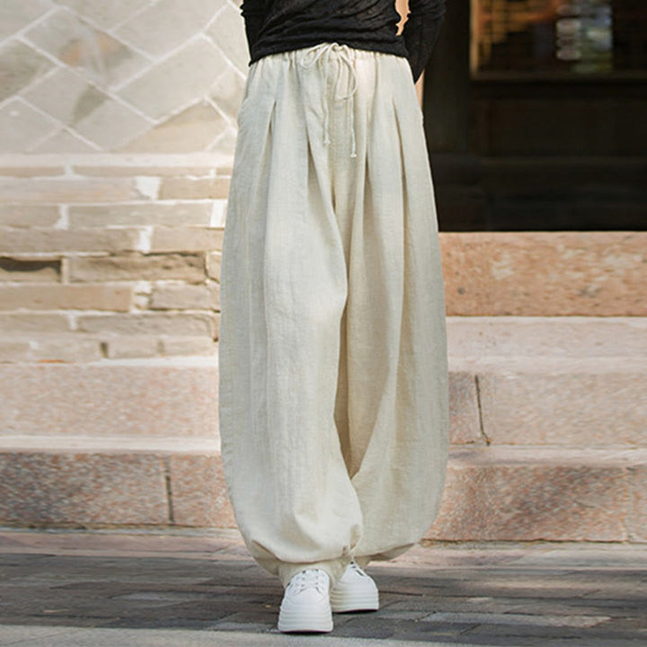 Pantalon décontracté en coton Buddha Stones pour femme avec poches et cordon de serrage à la taille et à la taille