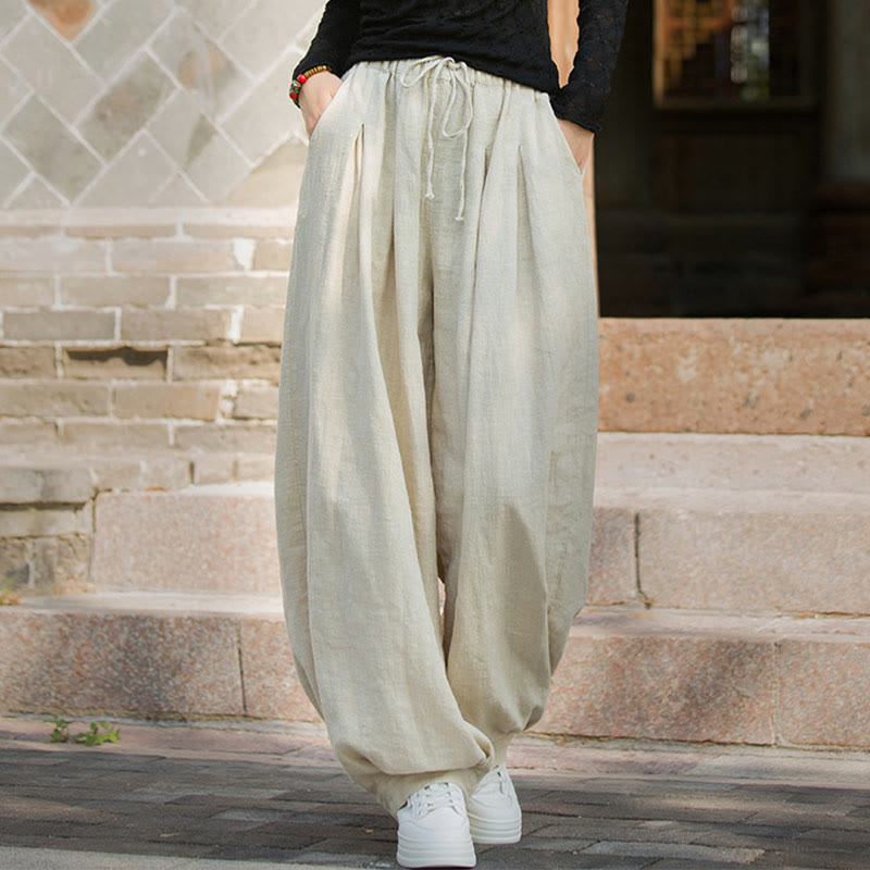 Pantalon décontracté en coton Buddha Stones pour femme avec poches et cordon de serrage à la taille et à la taille