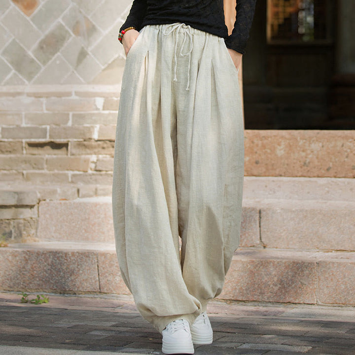 Pantalon décontracté en coton Buddha Stones pour femme avec poches et cordon de serrage à la taille et à la taille