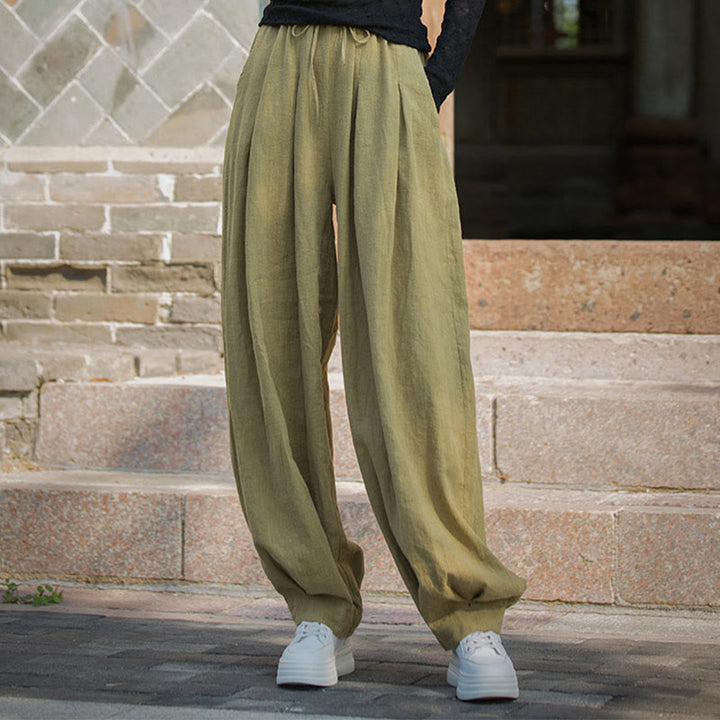 Pantalon décontracté en coton Buddha Stones pour femme avec poches et cordon de serrage à la taille et à la taille