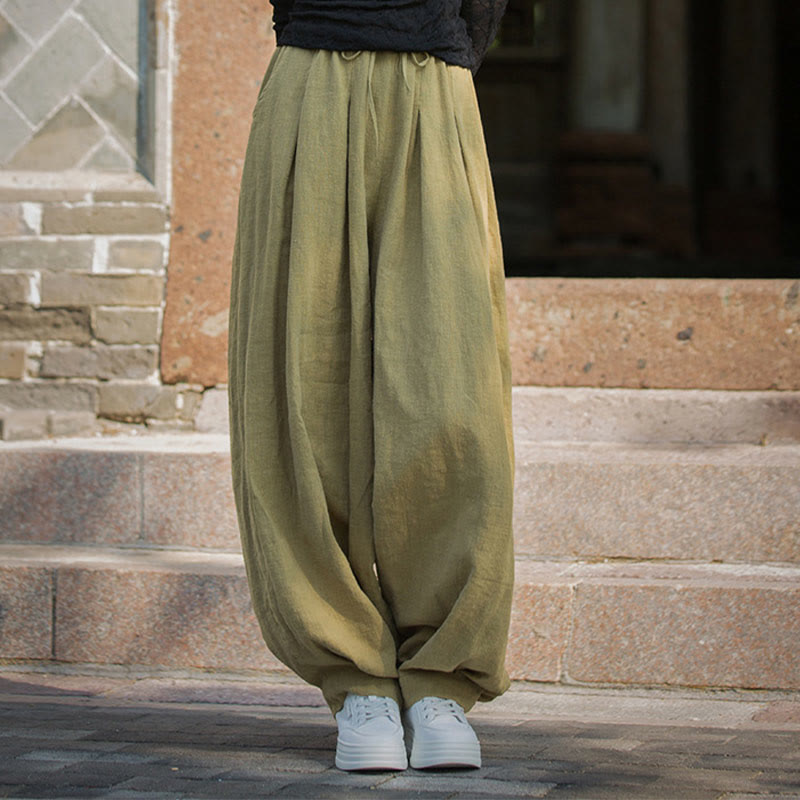 Pantalon décontracté en coton Buddha Stones pour femme avec poches et cordon de serrage à la taille et à la taille