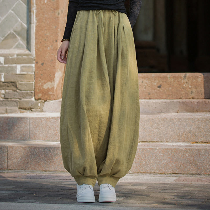 Pantalon décontracté en coton Buddha Stones pour femme avec poches et cordon de serrage à la taille et à la taille