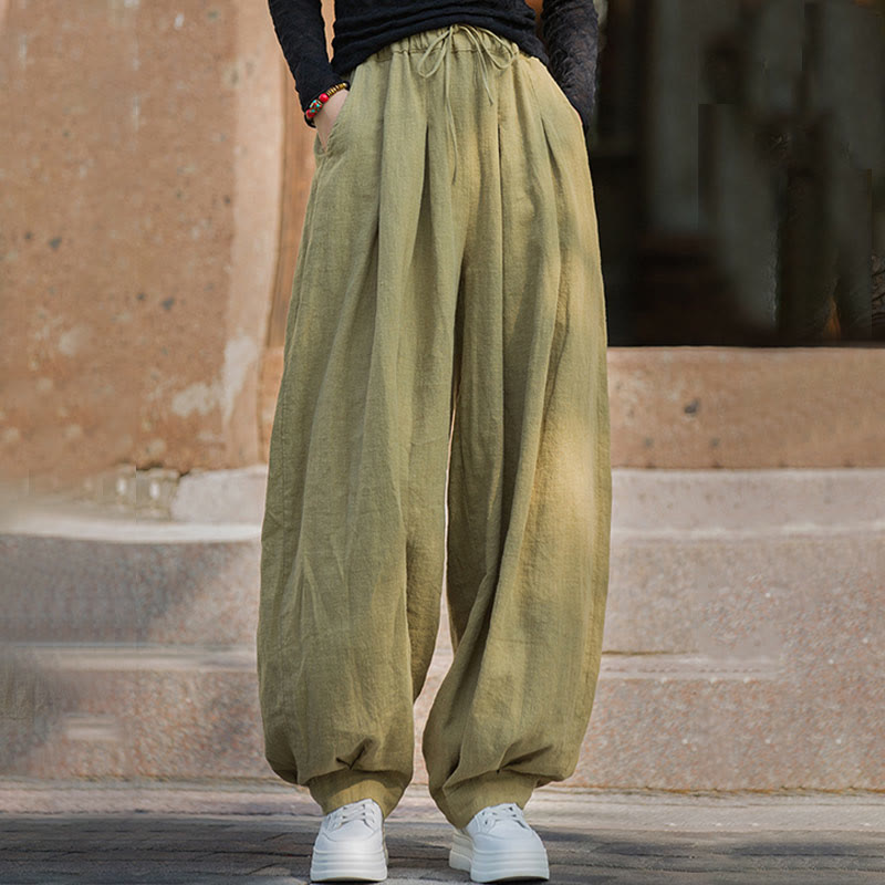 Pantalon décontracté en coton Buddha Stones pour femme avec poches et cordon de serrage à la taille et à la taille
