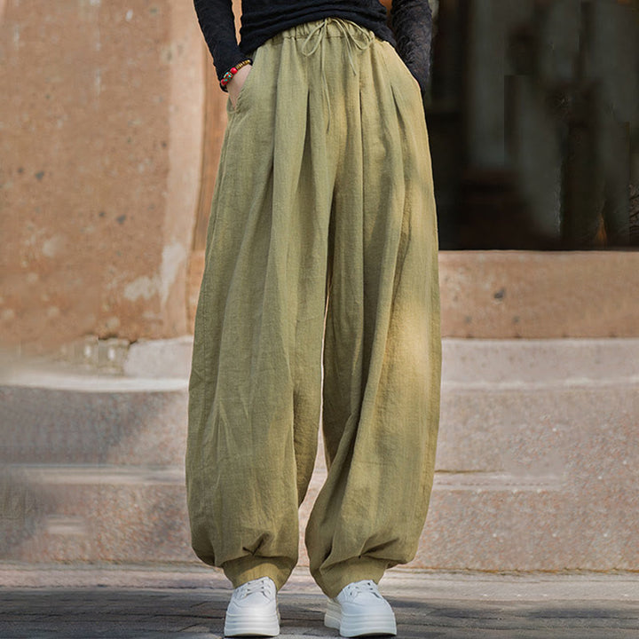 Pantalon décontracté en coton Buddha Stones pour femme avec poches et cordon de serrage à la taille et à la taille