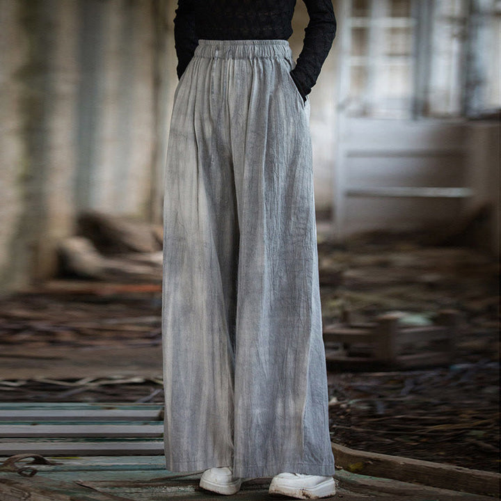 Pantalon large en coton ramie pour femme, décontracté, uni, ample, fait à la main, avec poches, motif Buddha Stones