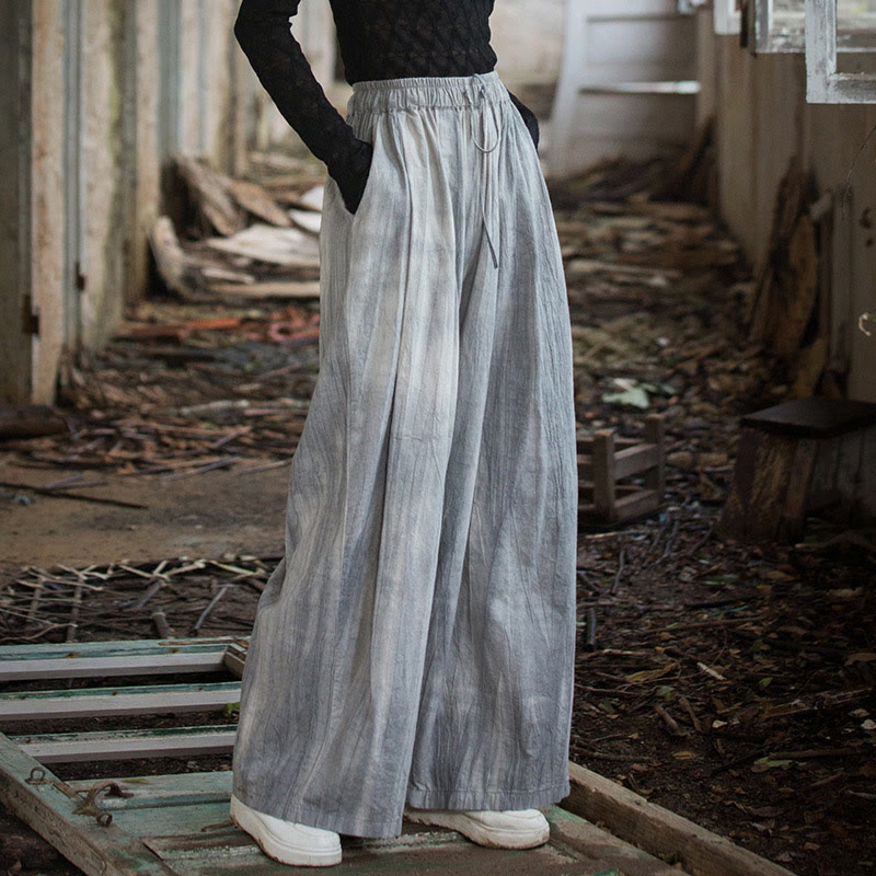 Pantalon large en coton ramie pour femme, décontracté, uni, ample, fait à la main, avec poches, motif Buddha Stones