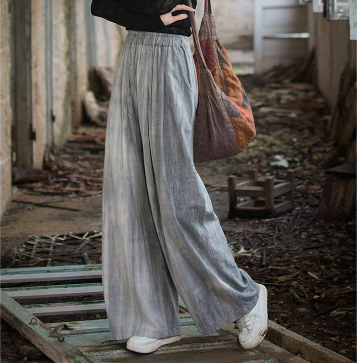 Pantalon large en coton ramie pour femme, décontracté, uni, ample, fait à la main, avec poches, motif Buddha Stones