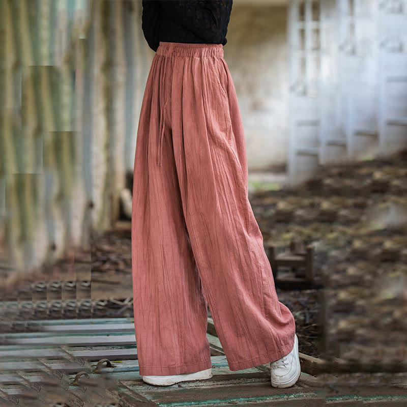 Pantalon large en coton ramie pour femme, décontracté, uni, ample, fait à la main, avec poches, motif Buddha Stones