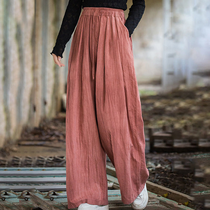 Pantalon large en coton ramie pour femme, décontracté, uni, ample, fait à la main, avec poches, motif Buddha Stones