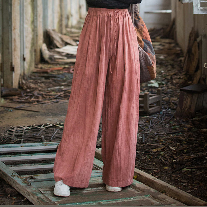 Pantalon large en coton ramie pour femme, décontracté, uni, ample, fait à la main, avec poches, motif Buddha Stones