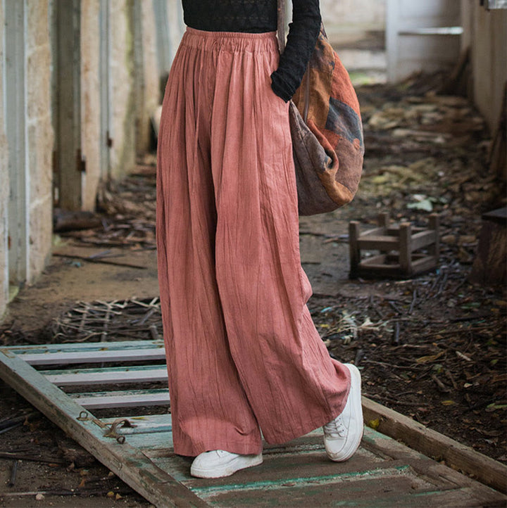 Pantalon large en coton ramie pour femme, décontracté, uni, ample, fait à la main, avec poches, motif Buddha Stones