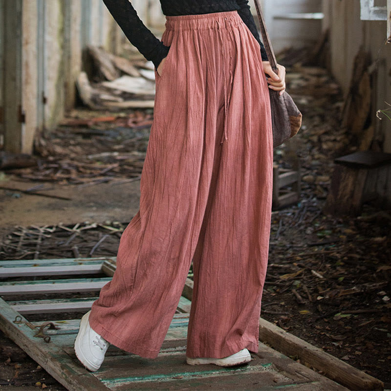 Pantalon large en coton ramie pour femme, décontracté, uni, ample, fait à la main, avec poches, motif Buddha Stones