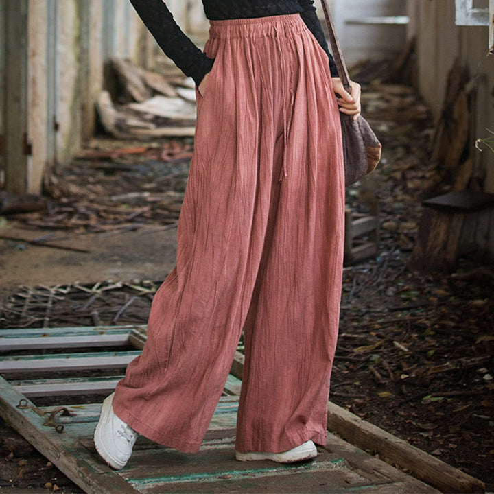 Pantalon large en coton ramie pour femme, décontracté, uni, ample, fait à la main, avec poches, motif Buddha Stones