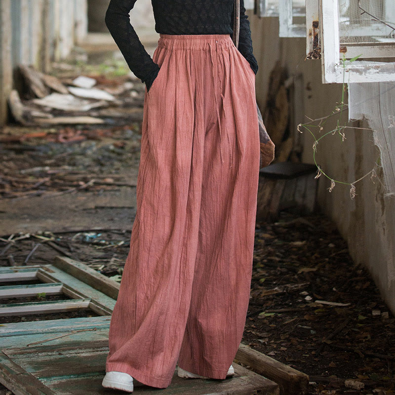 Pantalon large en coton ramie pour femme, décontracté, uni, ample, fait à la main, avec poches, motif Buddha Stones