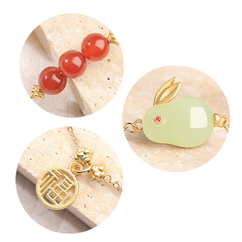 Bracelet en chaîne avec boucle porte-bonheur en Buddha Stones d'agate rouge et jade Hetian avec personnage Fu et lapin