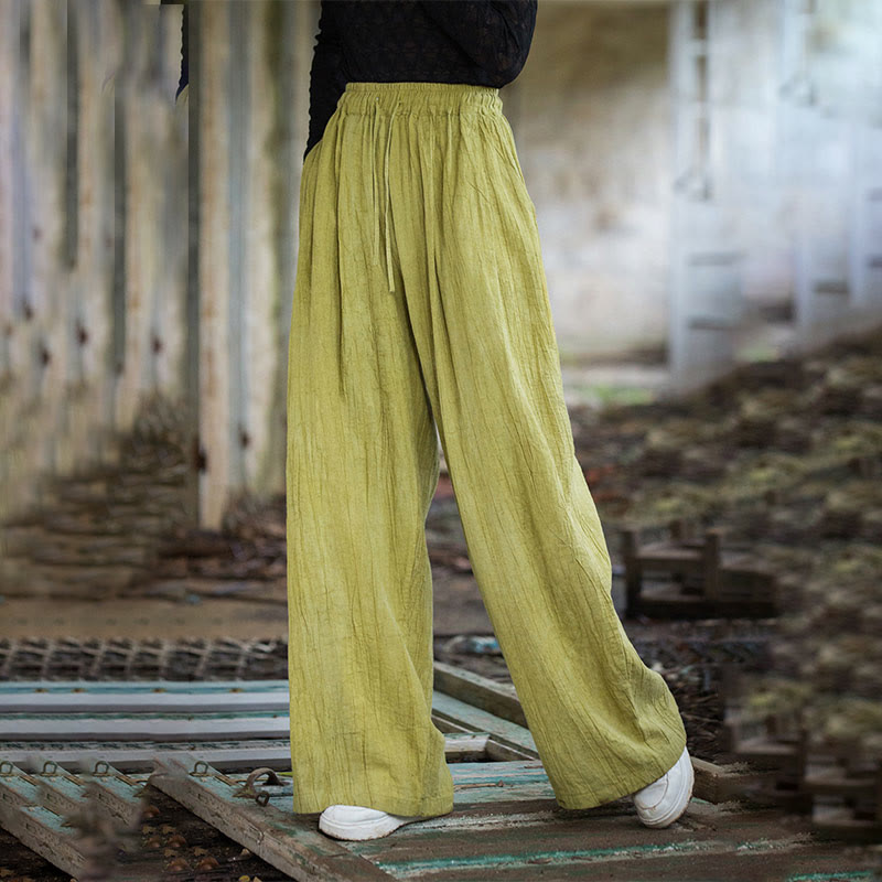 Pantalon large en coton ramie pour femme, décontracté, uni, ample, fait à la main, avec poches, motif Buddha Stones