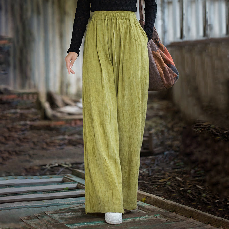 Pantalon large en coton ramie pour femme, décontracté, uni, ample, fait à la main, avec poches, motif Buddha Stones