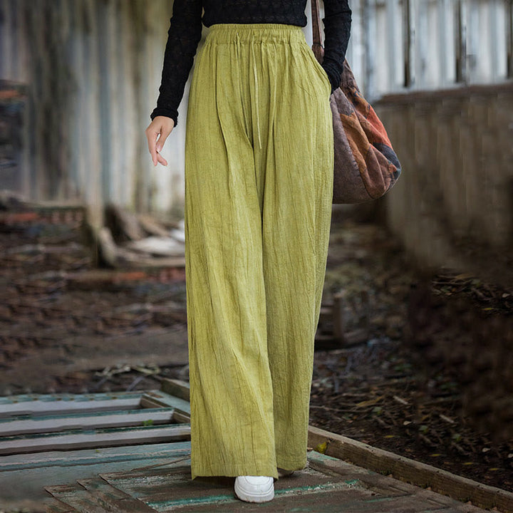 Pantalon large en coton ramie pour femme, décontracté, uni, ample, fait à la main, avec poches, motif Buddha Stones