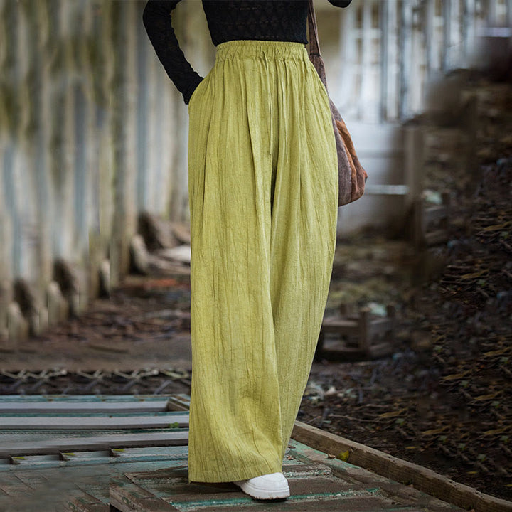 Pantalon large en coton ramie pour femme, décontracté, uni, ample, fait à la main, avec poches, motif Buddha Stones