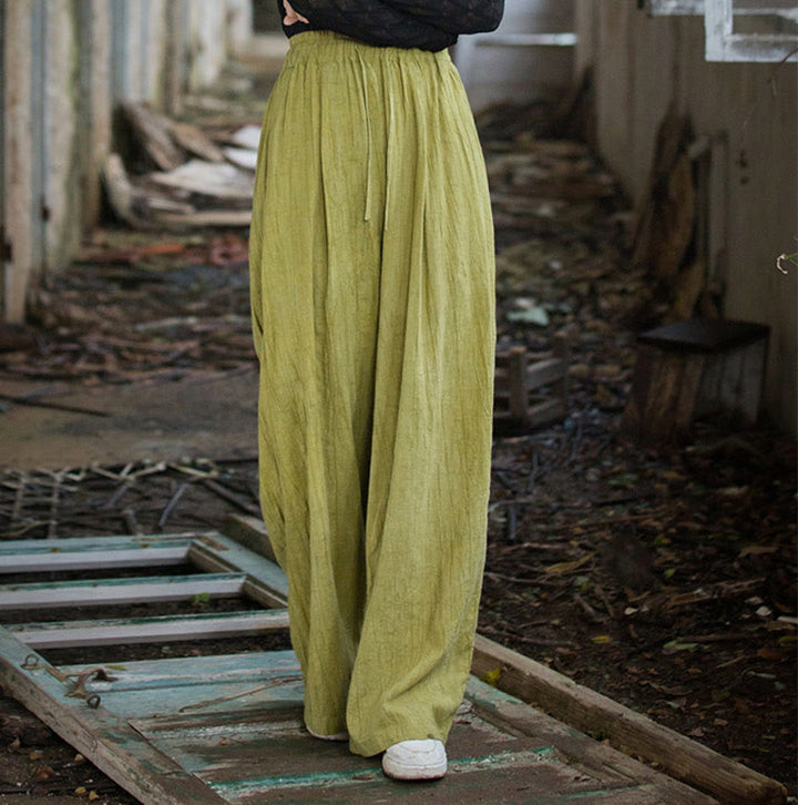Pantalon large en coton ramie pour femme, décontracté, uni, ample, fait à la main, avec poches, motif Buddha Stones