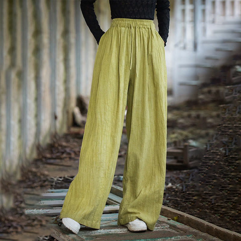 Pantalon large en coton ramie pour femme, décontracté, uni, ample, fait à la main, avec poches, motif Buddha Stones