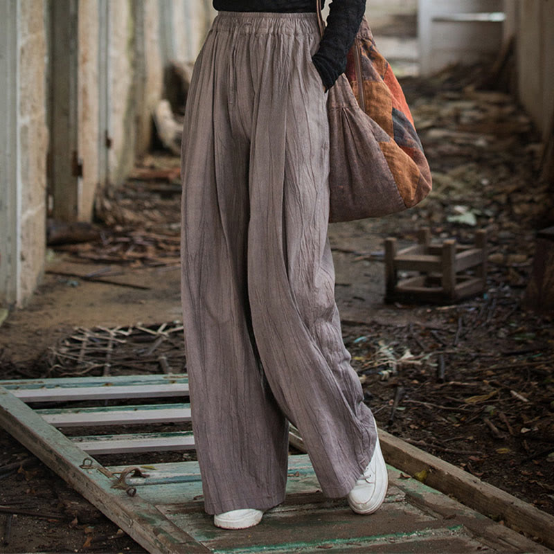 Pantalon large en coton ramie pour femme, décontracté, uni, ample, fait à la main, avec poches, motif Buddha Stones