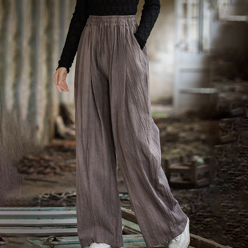 Pantalon large en coton ramie pour femme, décontracté, uni, ample, fait à la main, avec poches, motif Buddha Stones