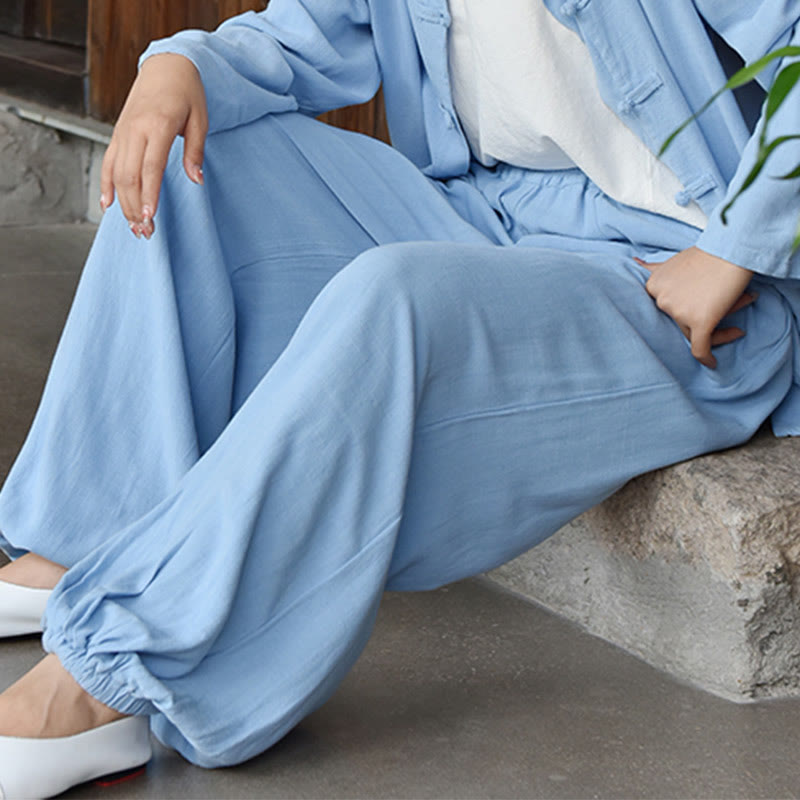 Pantalon décontracté en lin uni ample avec poches pour femme Buddha Stones