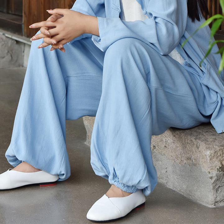 Pantalon décontracté en lin uni ample avec poches pour femme Buddha Stones