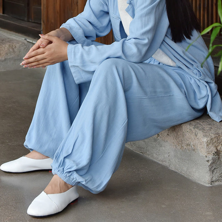 Pantalon décontracté en lin uni ample avec poches pour femme Buddha Stones
