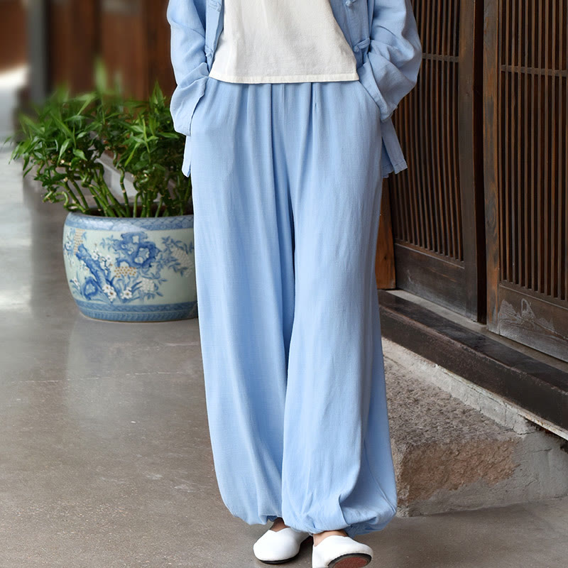 Pantalon décontracté en lin uni ample avec poches pour femme Buddha Stones - Bleu ciel clair - US6，UK/AU10，EU38 (L) - image 0