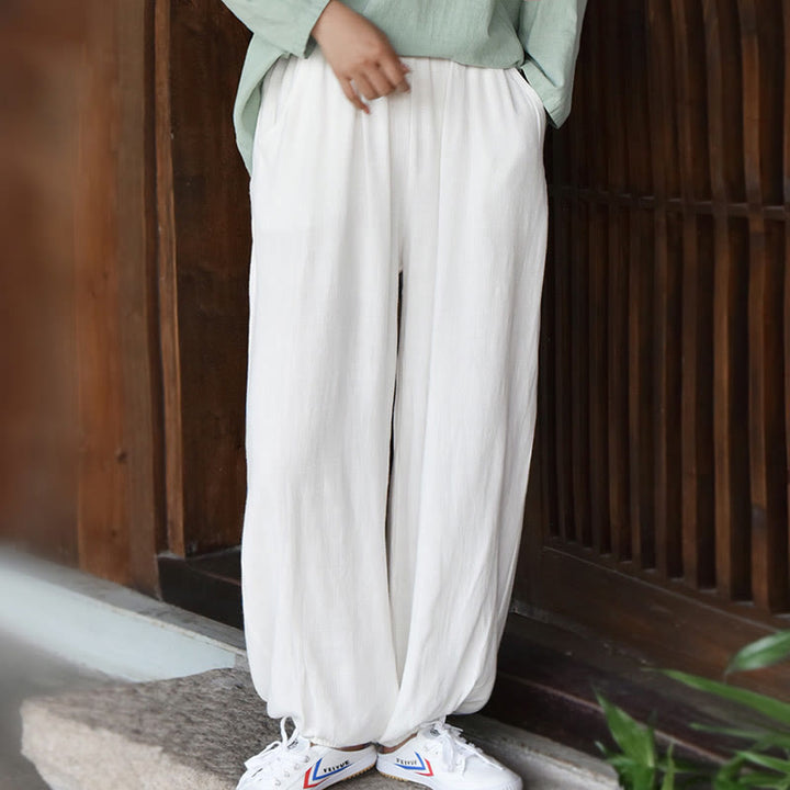 Pantalon décontracté en lin uni ample avec poches pour femme Buddha Stones