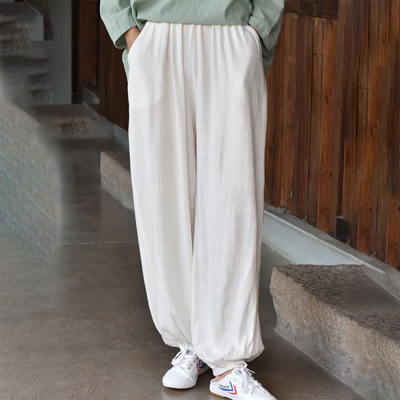 Pantalon décontracté en lin uni ample avec poches pour femme Buddha Stones - Blanc - US6，UK/AU10，EU38 (L) - image 8
