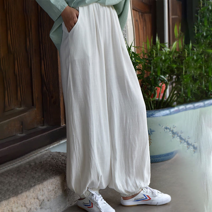 Pantalon décontracté en lin uni ample avec poches pour femme Buddha Stones