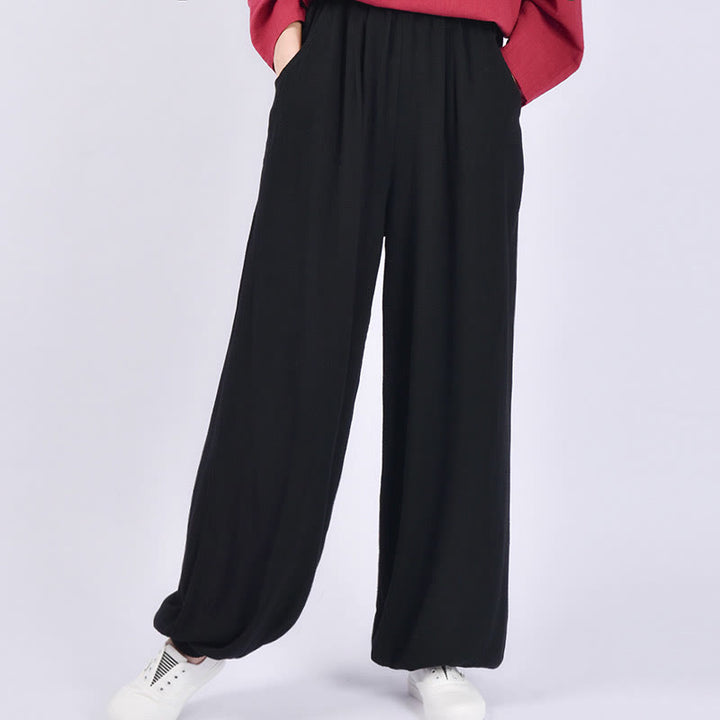 Pantalon décontracté en lin uni ample avec poches pour femme Buddha Stones