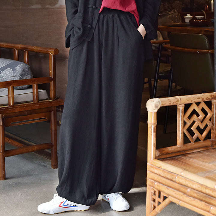 Pantalon décontracté en lin uni ample avec poches pour femme Buddha Stones