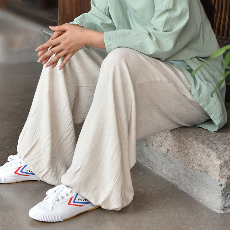 Pantalon décontracté en lin uni ample avec poches pour femme Buddha Stones