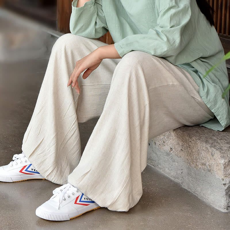 Pantalon décontracté en lin uni ample avec poches pour femme Buddha Stones
