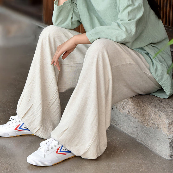 Pantalon décontracté en lin uni ample avec poches pour femme Buddha Stones