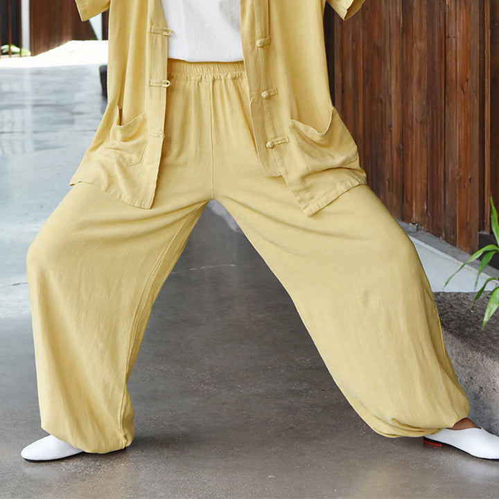 Pantalon décontracté en lin uni ample avec poches pour femme Buddha Stones