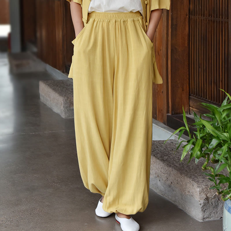 Pantalon décontracté en lin uni ample avec poches pour femme Buddha Stones