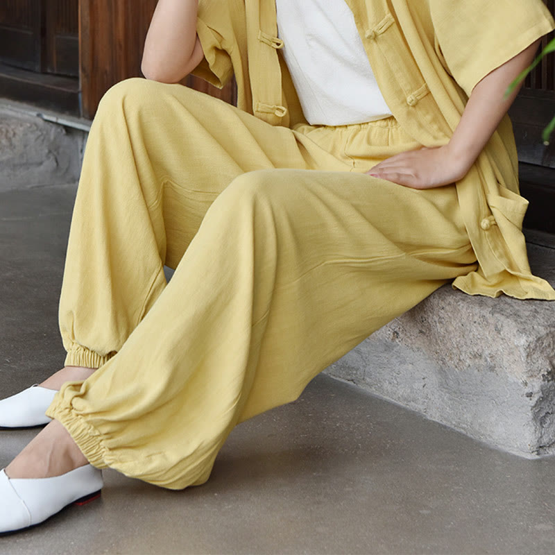 Pantalon décontracté en lin uni ample avec poches pour femme Buddha Stones