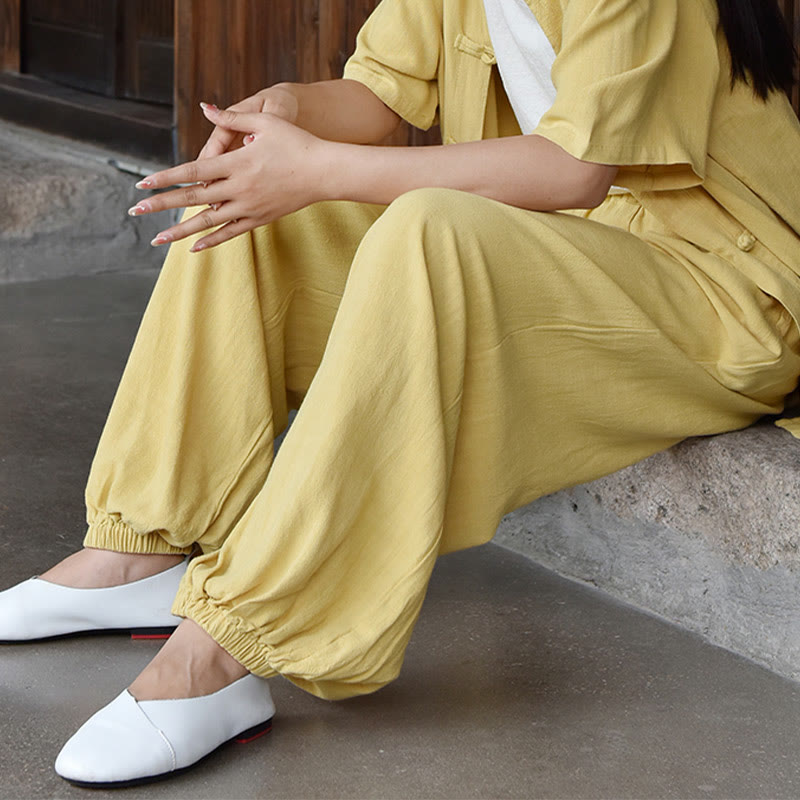Pantalon décontracté en lin uni ample avec poches pour femme Buddha Stones