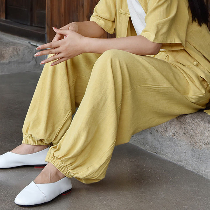 Pantalon décontracté en lin uni ample avec poches pour femme Buddha Stones