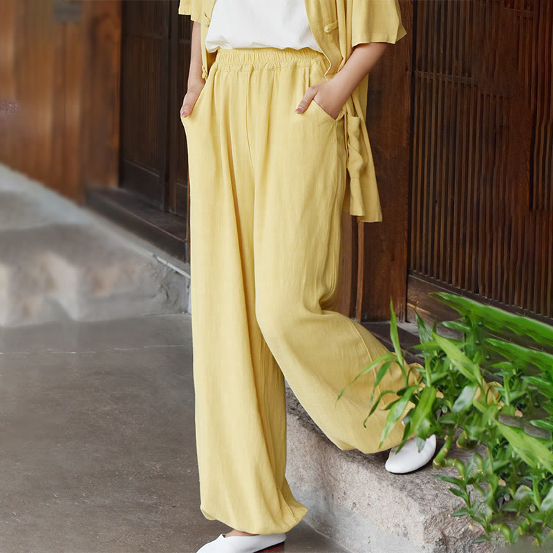 Pantalon décontracté en lin uni ample avec poches pour femme Buddha Stones