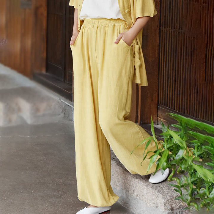 Pantalon décontracté en lin uni ample avec poches pour femme Buddha Stones