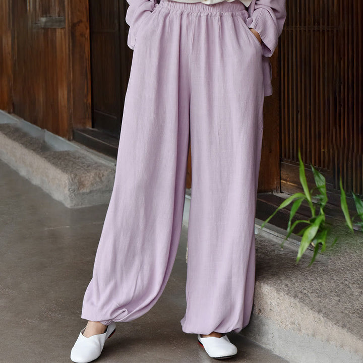 Pantalon décontracté en lin uni ample avec poches pour femme Buddha Stones