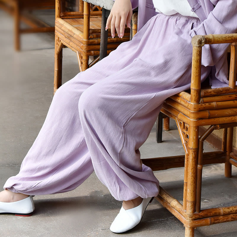 Pantalon décontracté en lin uni ample avec poches pour femme Buddha Stones