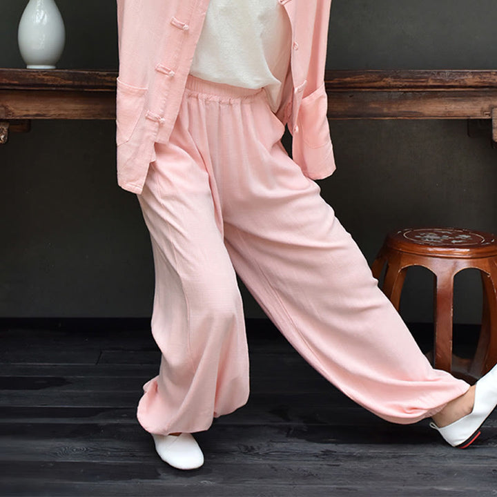 Pantalon décontracté en lin uni ample avec poches pour femme Buddha Stones
